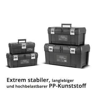 STAHLWERK Toolbox Set: Vier leere Werkzeugkisten (verschiedene Größen) gestapelt.