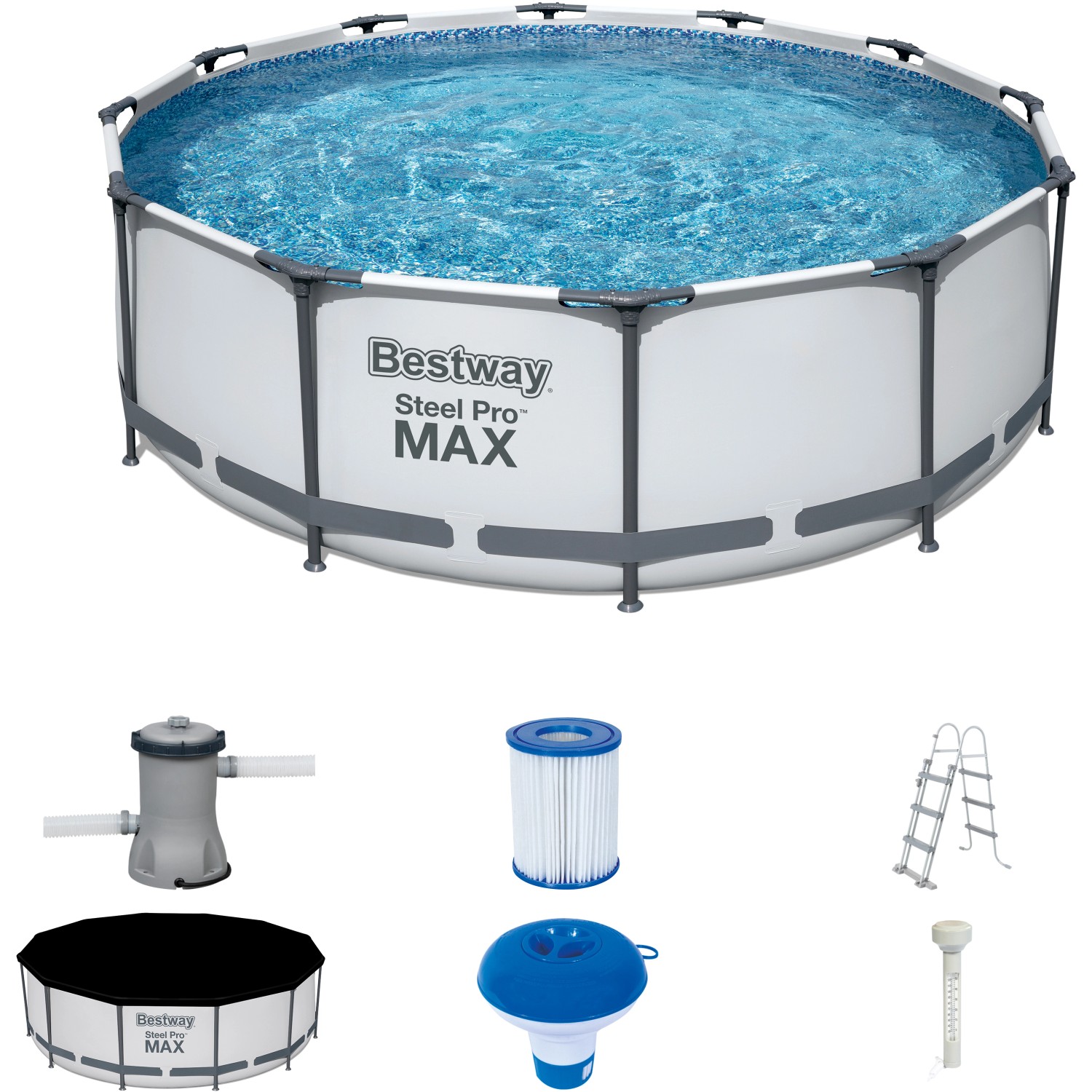 Bestway Stahlrahmen-Pool Set Steel Pro Max, Ø 366 cm, mit Zubehör wie Leiter und Pumpe.