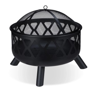Relaxdays Feuerschale Stahl Schwarz mit Funkenschutz 58 cm x 62 cm 5,5 kg