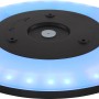 Schwarze, runde LED-Deckenleuchte Sapana mit RGB-Farbwechsler und blauer Hintergrundbeleuchtung.