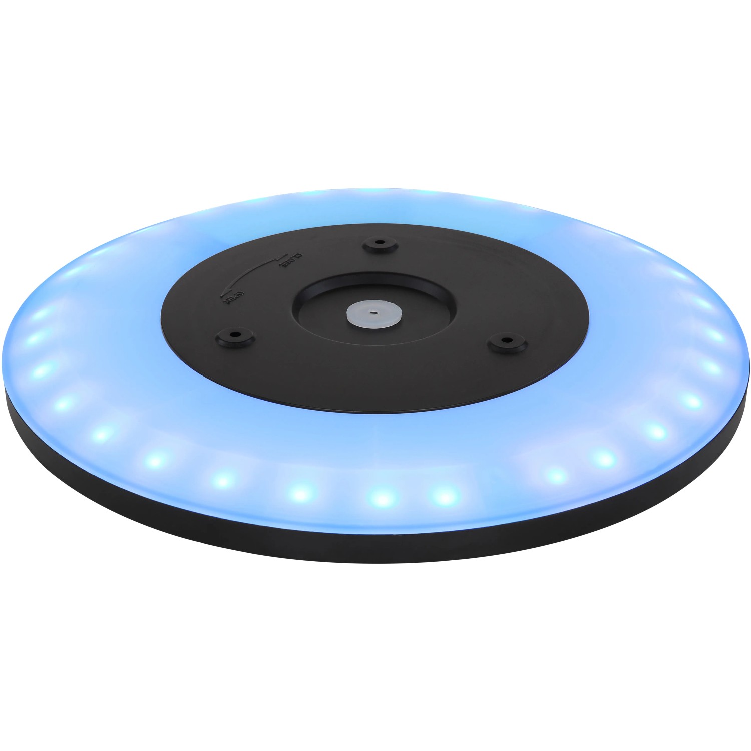 Schwarze, runde LED-Deckenleuchte Sapana mit RGB-Farbwechsler und blauer Hintergrundbeleuchtung.