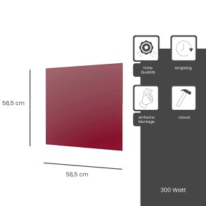 Weinrote Fenix Infrarotheizung ECOSUN Glasheizung, 300W, 58,5x58,5cm. Detailaufnahme der Abmessungen.