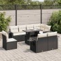 Schwarze 9-tlg. vidaXL Garten-Sofagarnitur aus Poly Rattan mit cremefarbenen Kissen und Tisch.