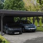 Skan Holz Doppelcarport Spessart mit Abstellraum in Schiefergrau für zwei PKW.