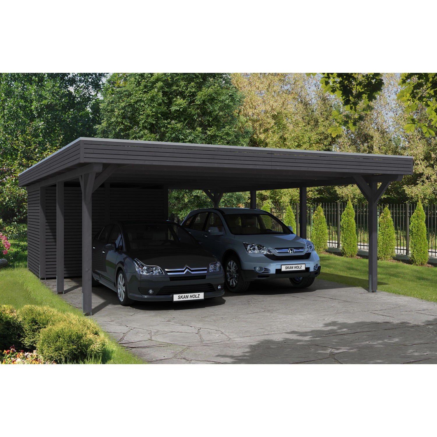 Skan Holz Carport Spessart 611 cm x 846 cm mit Abstellraum Schiefergrau günstig online kaufen