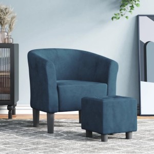 Dunkelblauer Samt Clubsessel mit Fußhocker von vidaXL. Gemütlicher Loungesessel für Wohnzimmer.