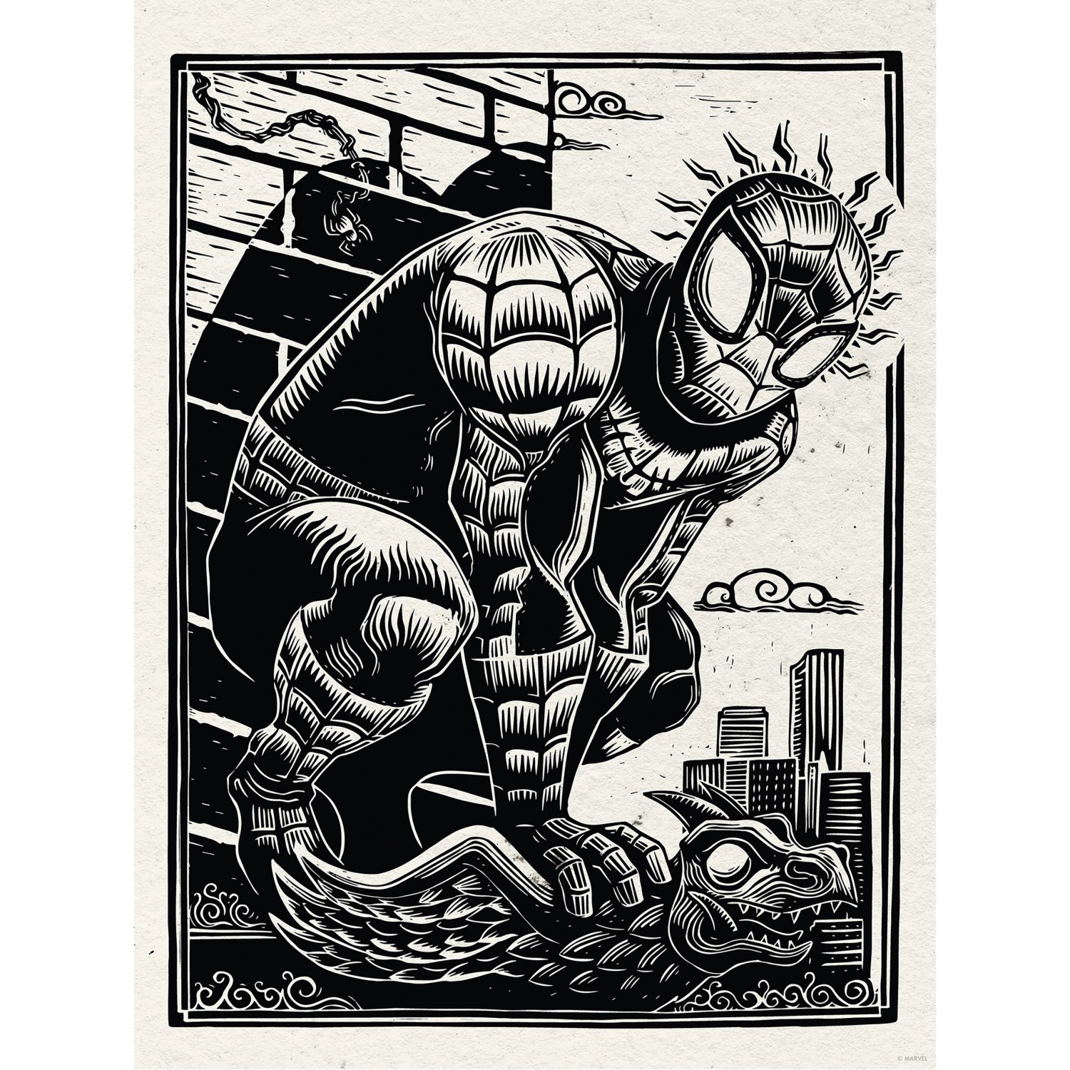 Komar Wandbild Marvel Spider-Man Lino-Cut 30 cm x 40 cm Schwarz-Weiß günstig online kaufen