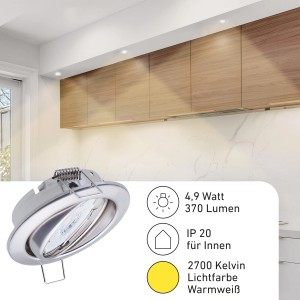 3er Set dimmbare Einbauleuchten Dijon mit LED Modul, 4,9W, Chrom, warmweißes Licht. Deckenspots schwenkbar.