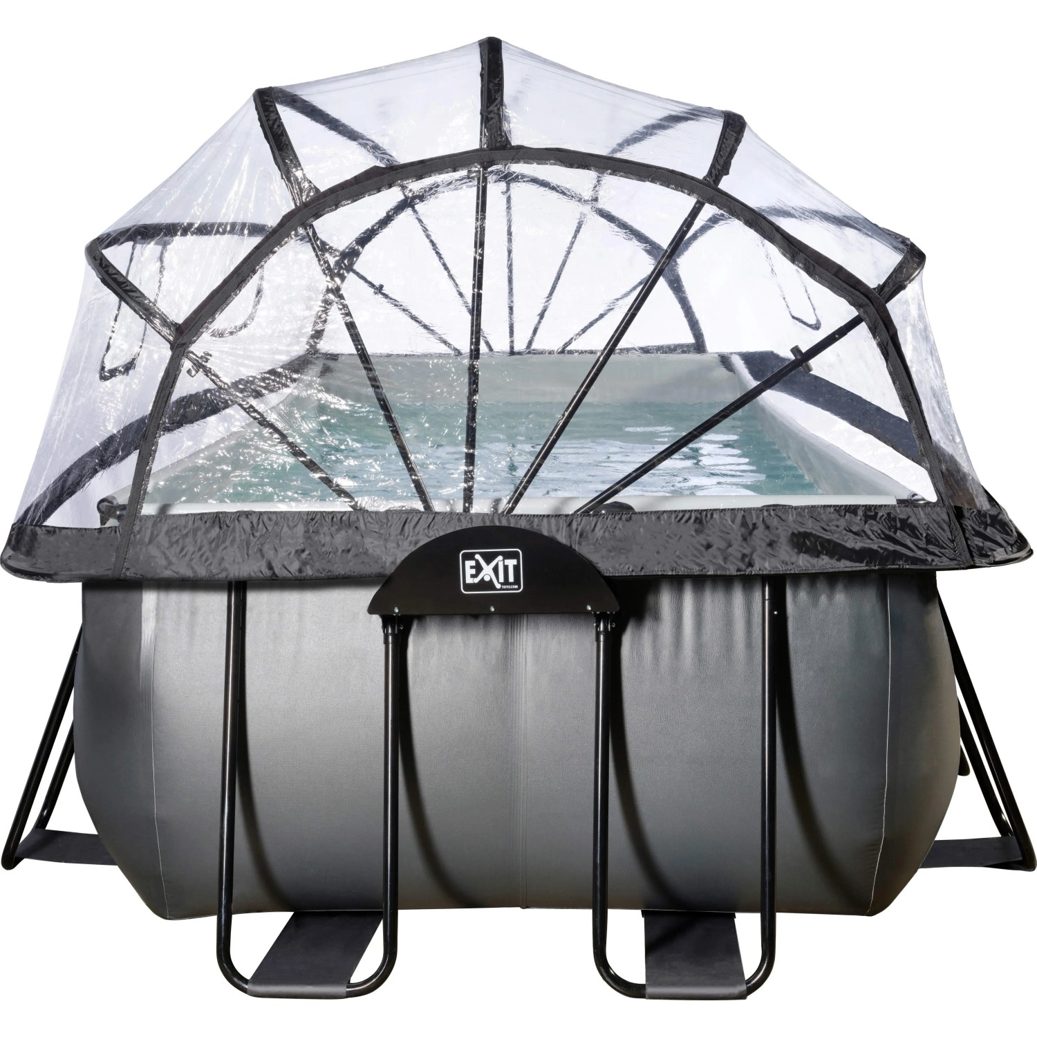 Exit Black Leather Pool mit Abdeckung. Stahlrahmenpool mit schwarzem Lederprint und transparenter Poolabdeckung.