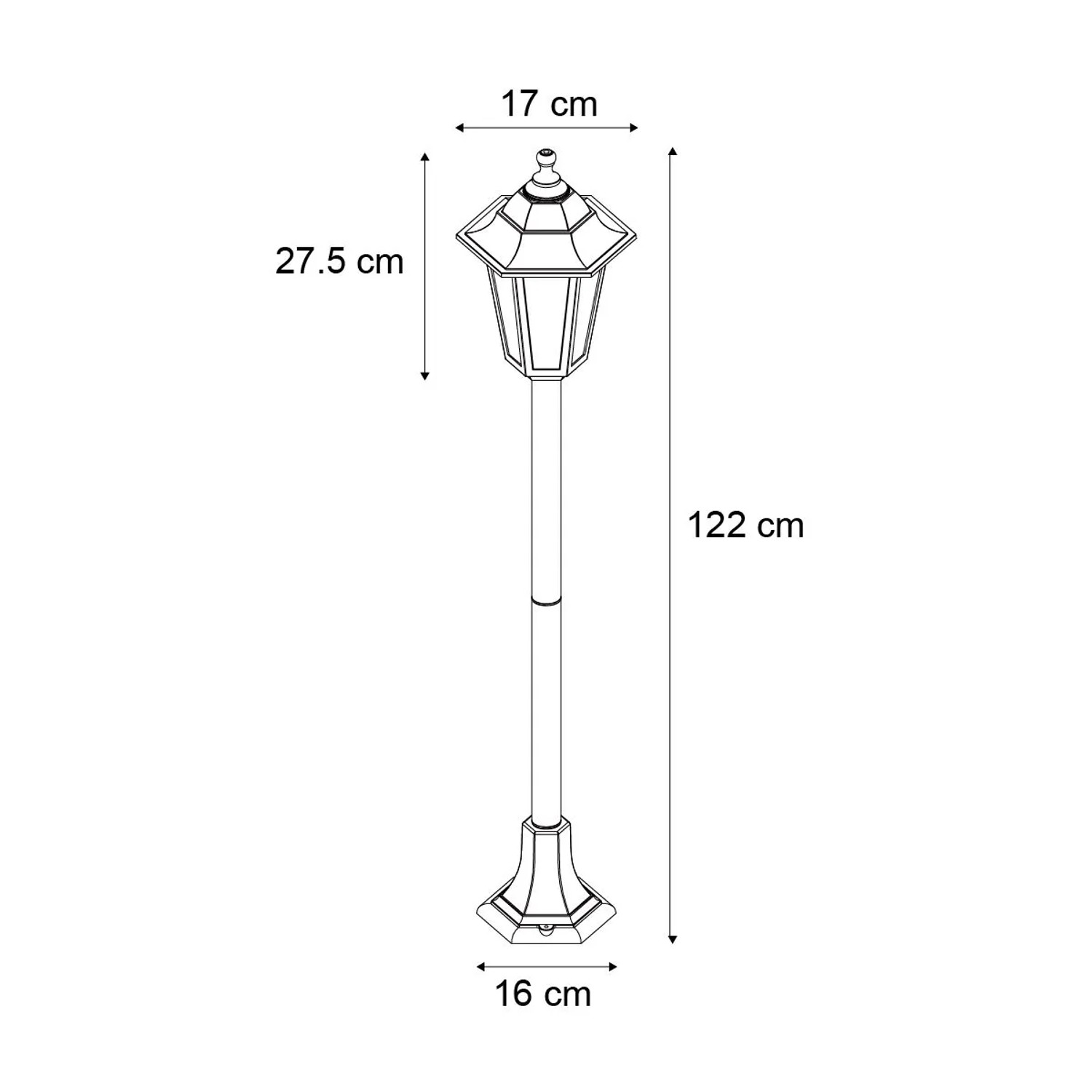 Skizze der schwarzen QAZQA Wegeleuchte New Haven, 122cm hoch, für den Außenbereich.