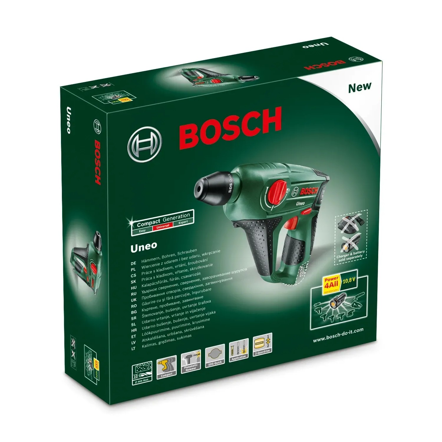 Bosch Uneo 10,8 LI Bohrhammer in Originalverpackung, ideal zum Bohren in Stein und Beton.