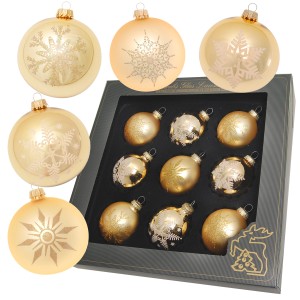 9 goldene Krebs Glas Lauscha Weihnachtskugeln (8cm) mit Schneeflockenmuster im Set.