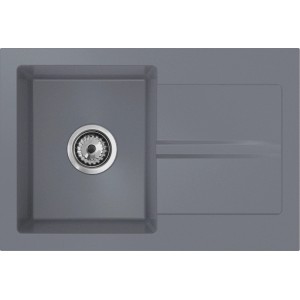 Graue Miló Einbauspüle aus Granitverbund, eckig mit Siphon und Abtropffläche.