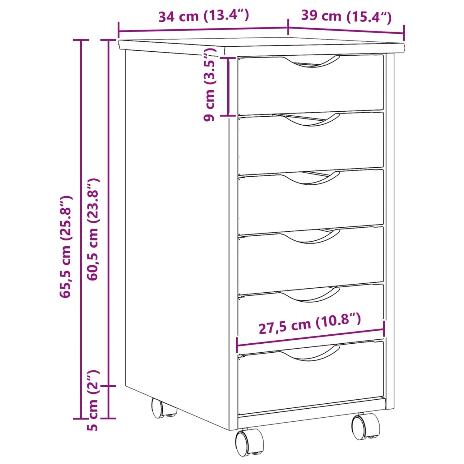 vidaXL Rollcontainer mit Schubladen MOSS Klarlack 34 x 39 x 65,5 cm 42032400_10