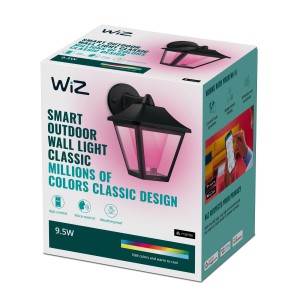 Verpackung der schwarzen WiZ Außenwandleuchte Classic Tunable Smart mit farbiger Beleuchtung.
