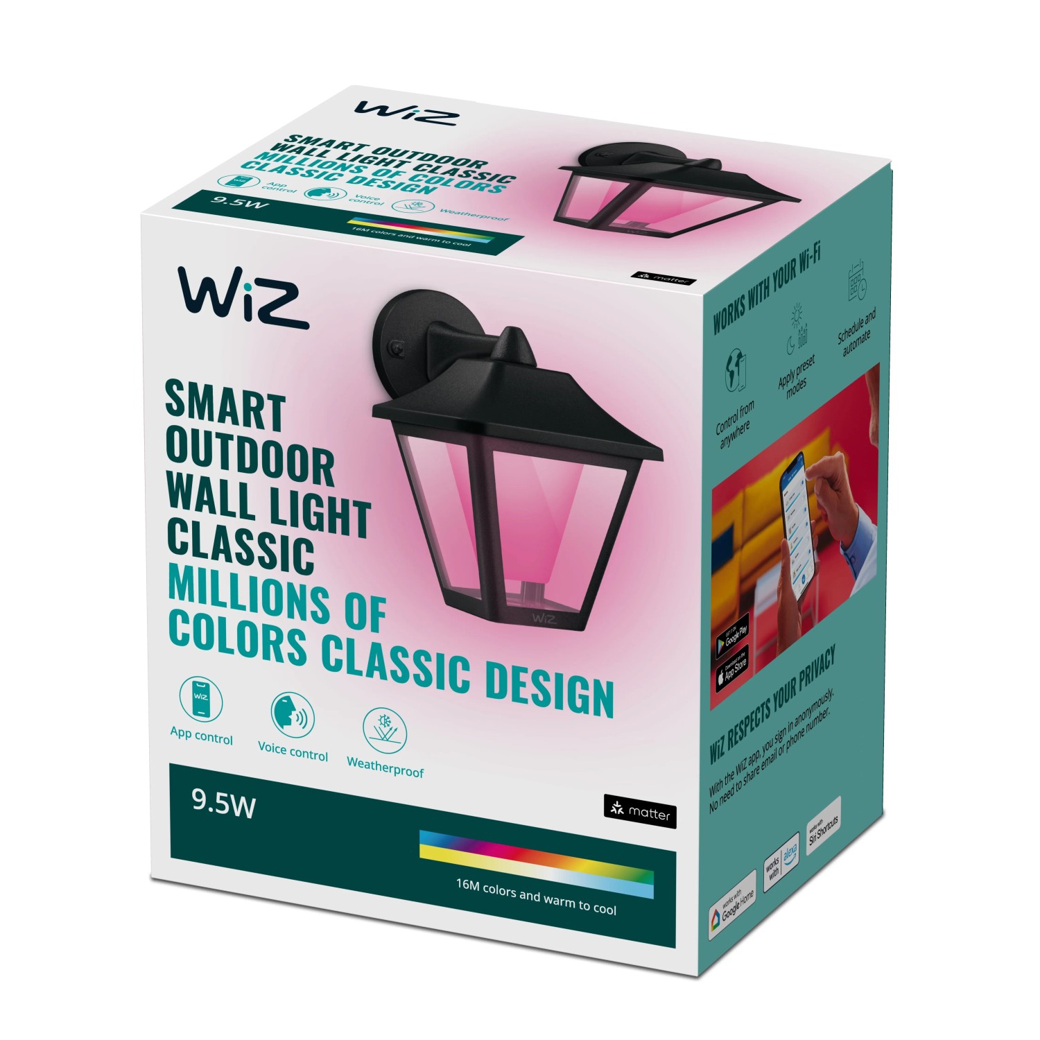 Verpackung der schwarzen WiZ Außenwandleuchte Classic Tunable Smart mit farbiger Beleuchtung.