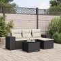 Schwarze 5-tlg. Garten-Sofagarnitur aus Poly Rattan mit cremefarbenen Kissen. Gartenmöbel-Set mit Tisch und Stauraum.