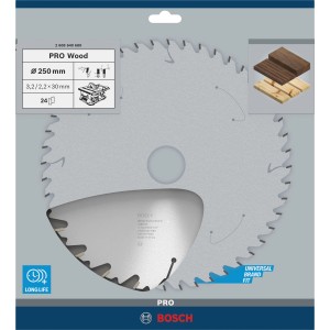 Bosch Kreissägeblatt Speedline Wood, 250 mm, 24 Zähne für saubere Holzschnitte.