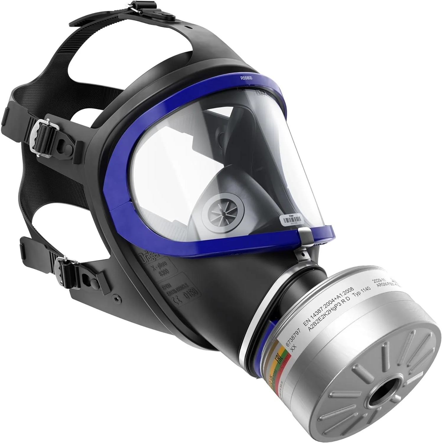 Dräger Atemschutzmaske Vollmaske X-plore 6300 und Abek2 P3 Hg Rd40 Gasmaske mit Filter Universalgröße Schwarz-blau