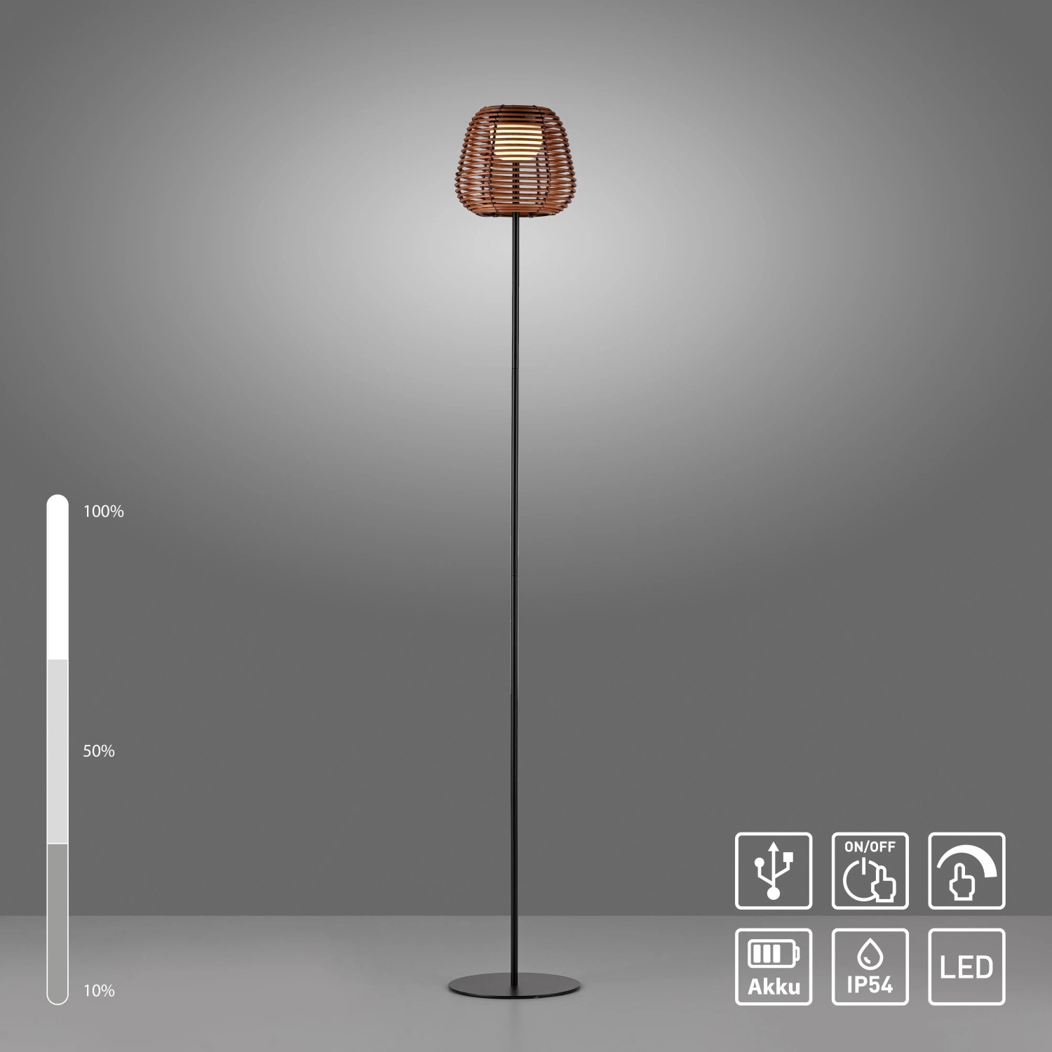 Schwarze LED-Akku-Stehleuchte Askia, 120 cm, mit Rattan-Schirm für stimmungsvolle Außenbeleuchtung.