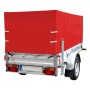 Stema Anhänger Variolux 750 mit roter Hochplane, Abstellstützen und Stützrad. Autoanhänger für Transporte.