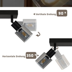 Schwarzer Deckenstrahler mit grauem Glasschirm, zeigt 90° vertikale und 350° horizontale Drehung. Flexibler Spot.