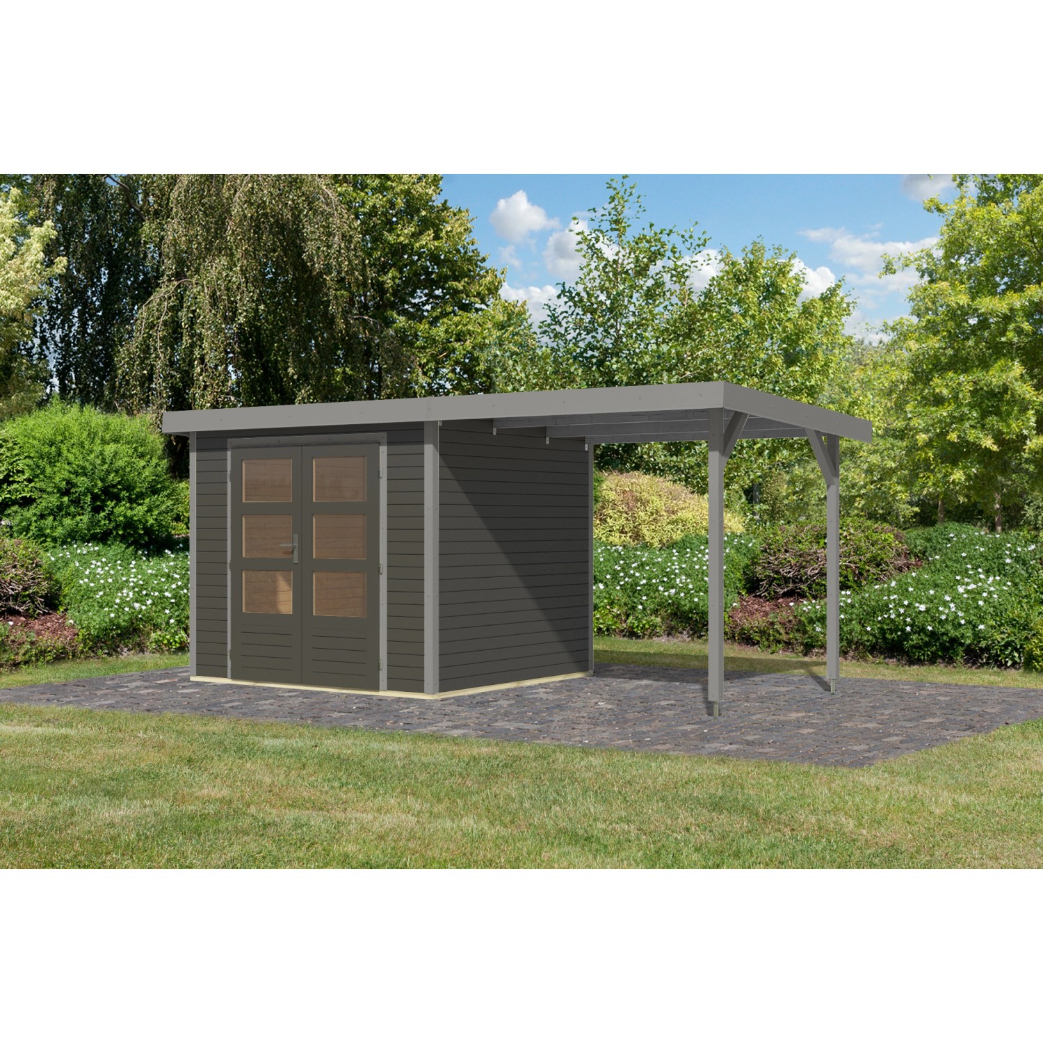Karibu Gartenhaus Ernesto 3 B m. Anbaudach Terragrau/Grau 209 x 238 x 213 c günstig online kaufen