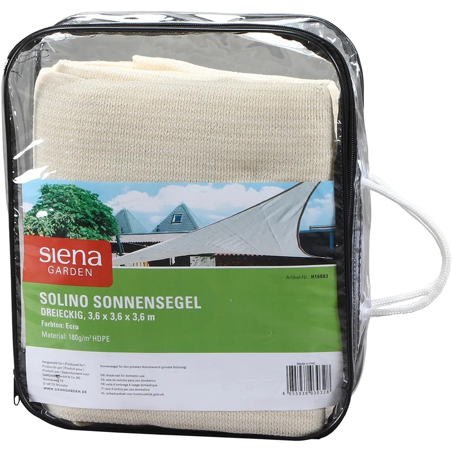Siena Garden Solino Sonnensegel, Ecru, dreieckig, 3,6x3,6x3,6 m, verpackt.
