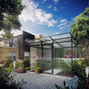KGT Gewächshaus Linea, 6,06 m², anthrazitgrau, mit Tür im Garten.