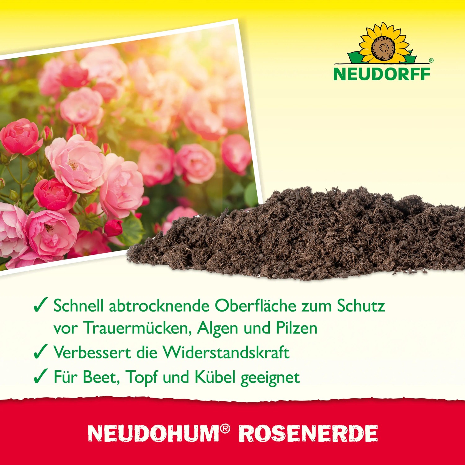 Neudorff Neudohum Rosenerde 20 l: Torffreie Erde mit Rosen und Logo.