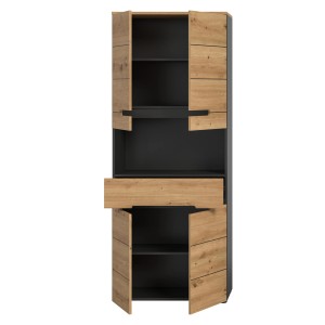 Hochschrank Canu Artisan/Grau mit Holzoptik, offenen Türen, Schublade und Fächern. Modernes Bad-Standregal für Stauraum.