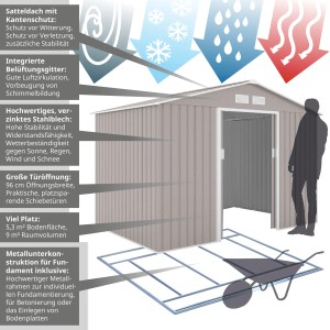 Helles, graues Metall Gerätehaus Hattoro S200 mit Satteldach und Bodenrahmen. Ideal zur Garten Geräte Aufbewahrung.