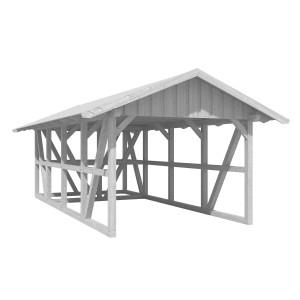 Weißer Skan Holz Carport Schwarzwald mit Dachschalung und Abstellraum.