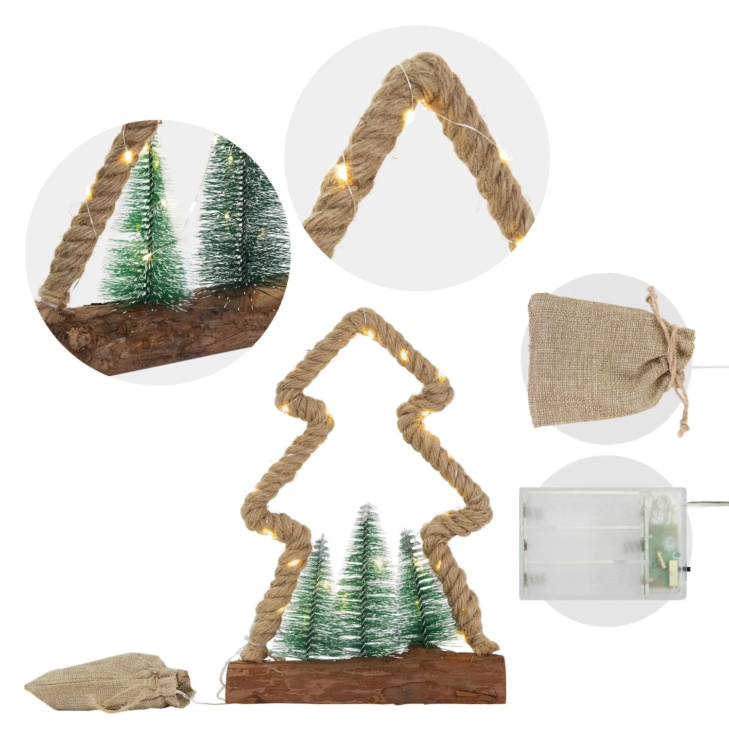 LED Jute Baum mit Timer, 30cm, warmweiße Lichter, Weihnachtsdekoration für Innen.