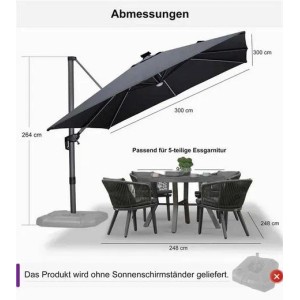 Großer hellgrauer quadratischer Ampelschirm 300x300 cm mit LED-Licht. Ideal für Garten und Terrasse.