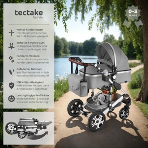 Tectake Kombi Kinderwagen Mats 2 In 1  Klappbar  Mit 5 Punkt Gurt  Bremse  Schutzbügel und Handschlaufe Verstellbare Rückenlehne und Schiebegriff  Fal