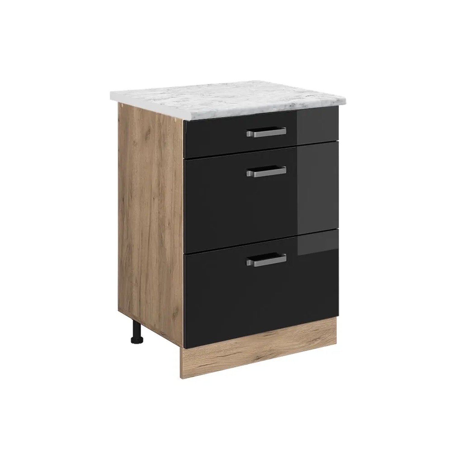 Vicco Küchenunterschrank R-Line Schubladenschrank für die Küche Schwarz Hochglanz 60 cm AP Marmor Opt2