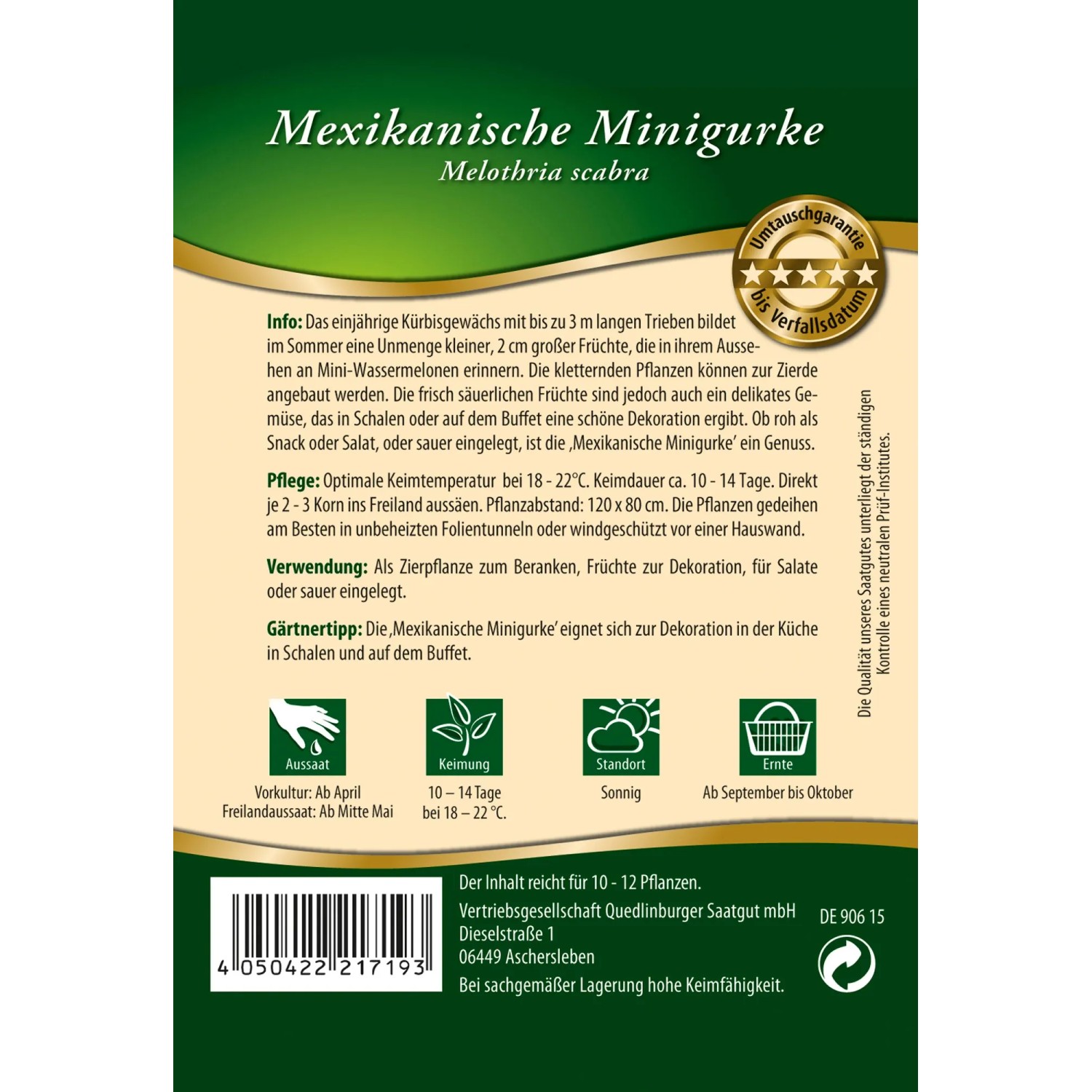 Samentüte Quedlinburger Mexikanische Minigurke, Kletterpflanze mit kleinen, gurkenähnlichen Früchten.