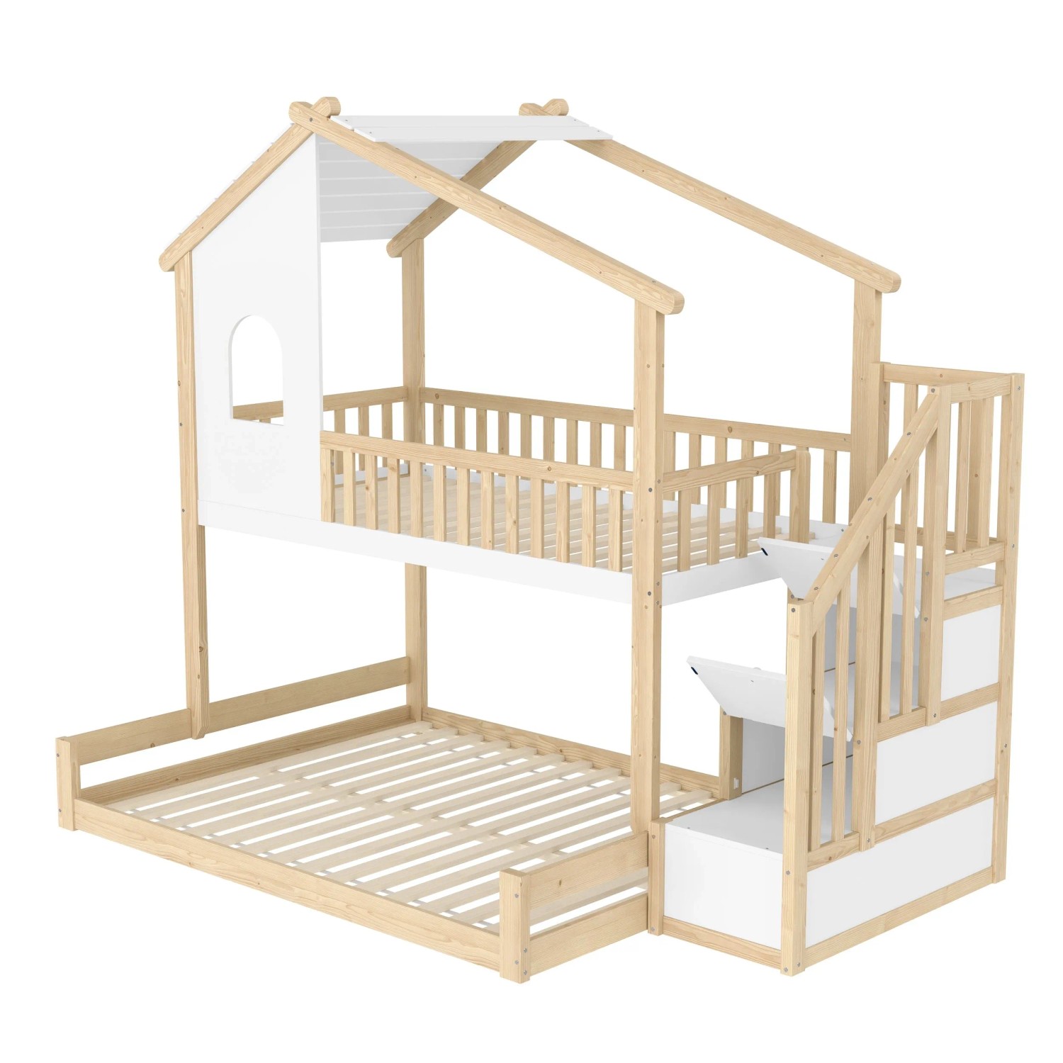 okwish Etagenbett 140x200cm mit Stauraumleiter Kinderzimmer Natur Weiß ohne Matratze