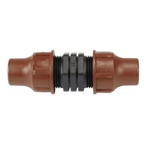 Brauner Rain Bird 16 mm PP Schlauchverbinder für PE Rohre und Tropfschläuche, mit schwarzem Stecksystem.