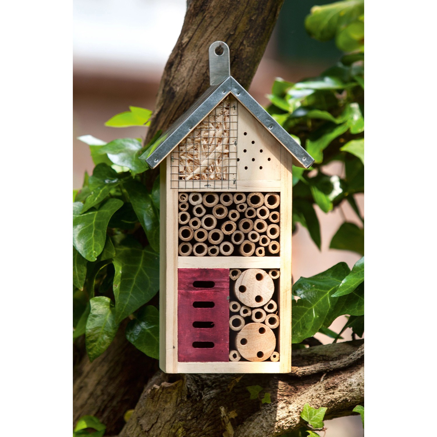 CULT at home Insektenhotel aus Kiefernholz, braun-rot, 26x15 cm, mit Bambusröhren und Fächern für Insekten.
