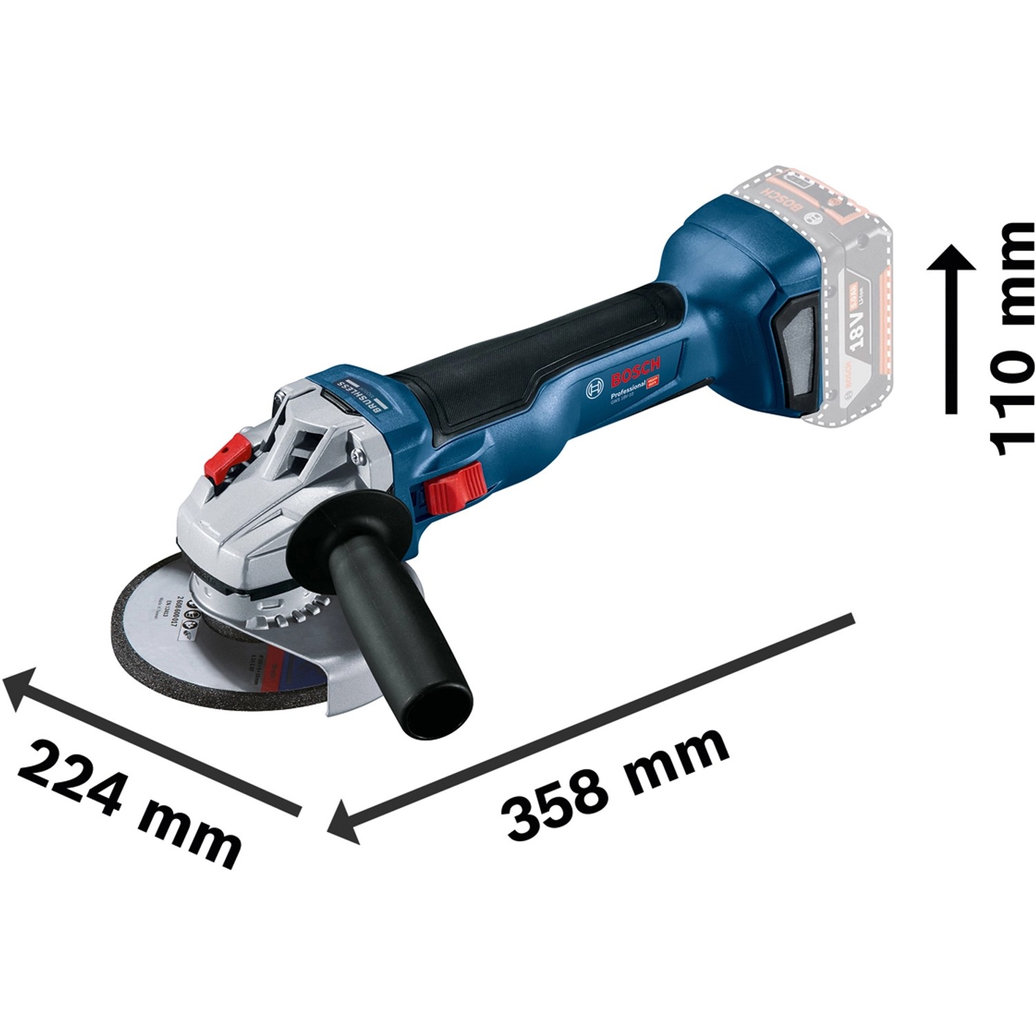 Bosch Professional GWS 18V-10 Akku-Winkelschleifer mit Akku, Seitenhandgriff und Schleifscheibe.