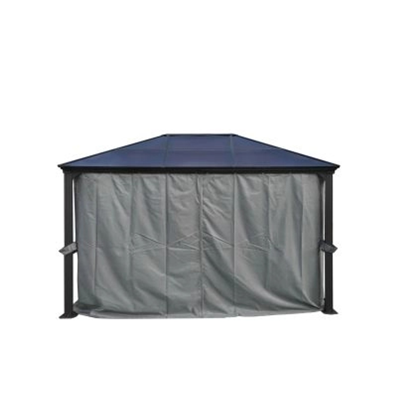 Anthrazitfarbener Jet-Line Gartenpavillon Taneo 3x4m mit Vorhängen und festem Dach.