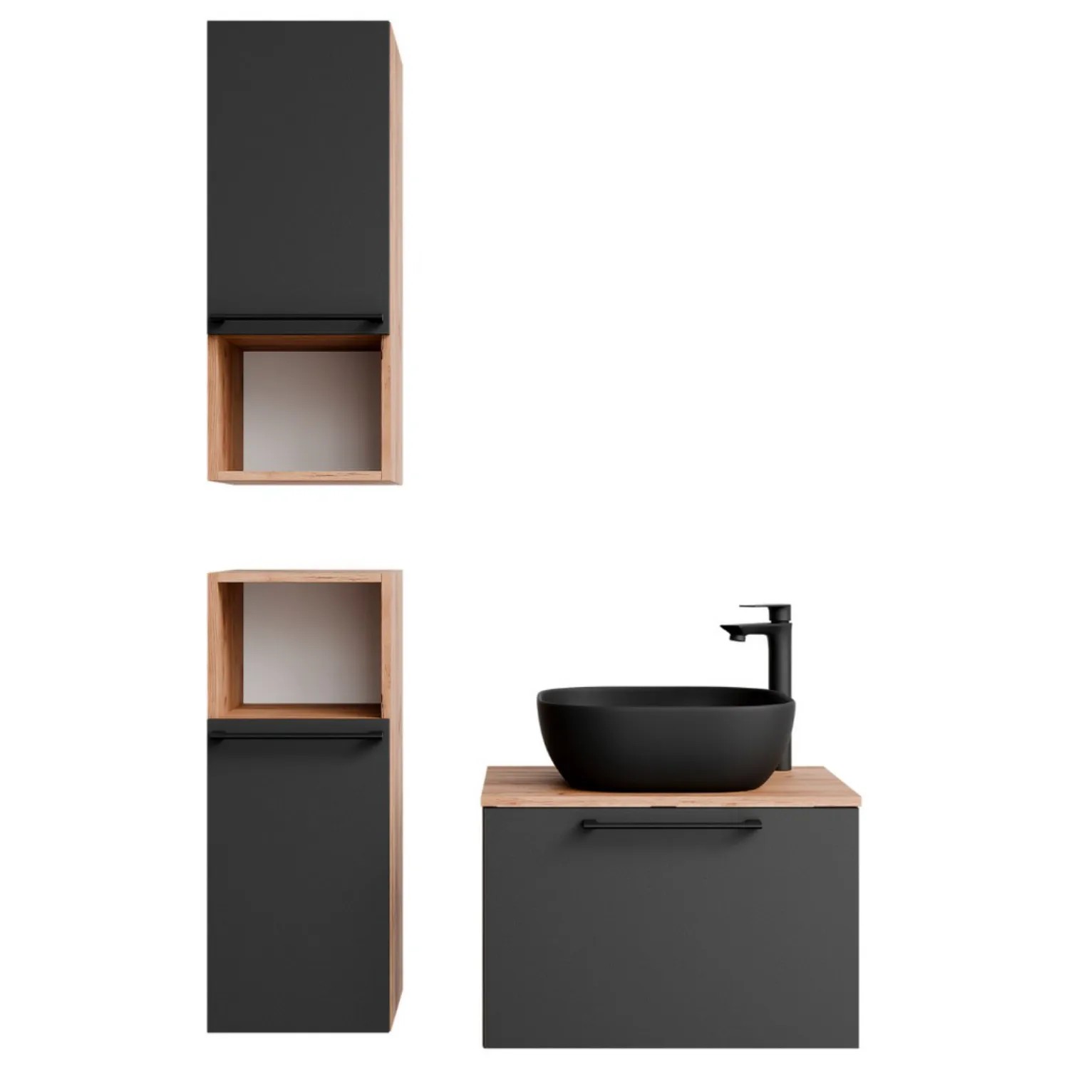 Planetmöbel ASTRA Badmöbel Set 60 cm mit Aufsatzwaschbecken 42,5 cm Schwarz 2 Midischränke Soft Close