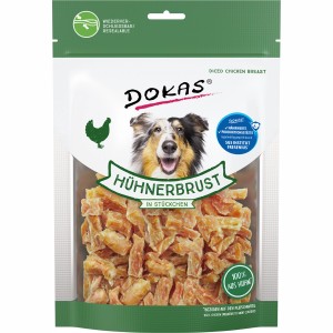 Dokas Hühnerbrust-Stückchen, 200g, Hunde-Snack zur Belohnung. Luftgetrocknetes Hühnchen im wiederverschließbaren Beutel.