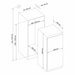 Skizze: Telefunken Einbaukühlschrank EKG123S187E mit Maßen für den Einbau in eine 122cm Nische.