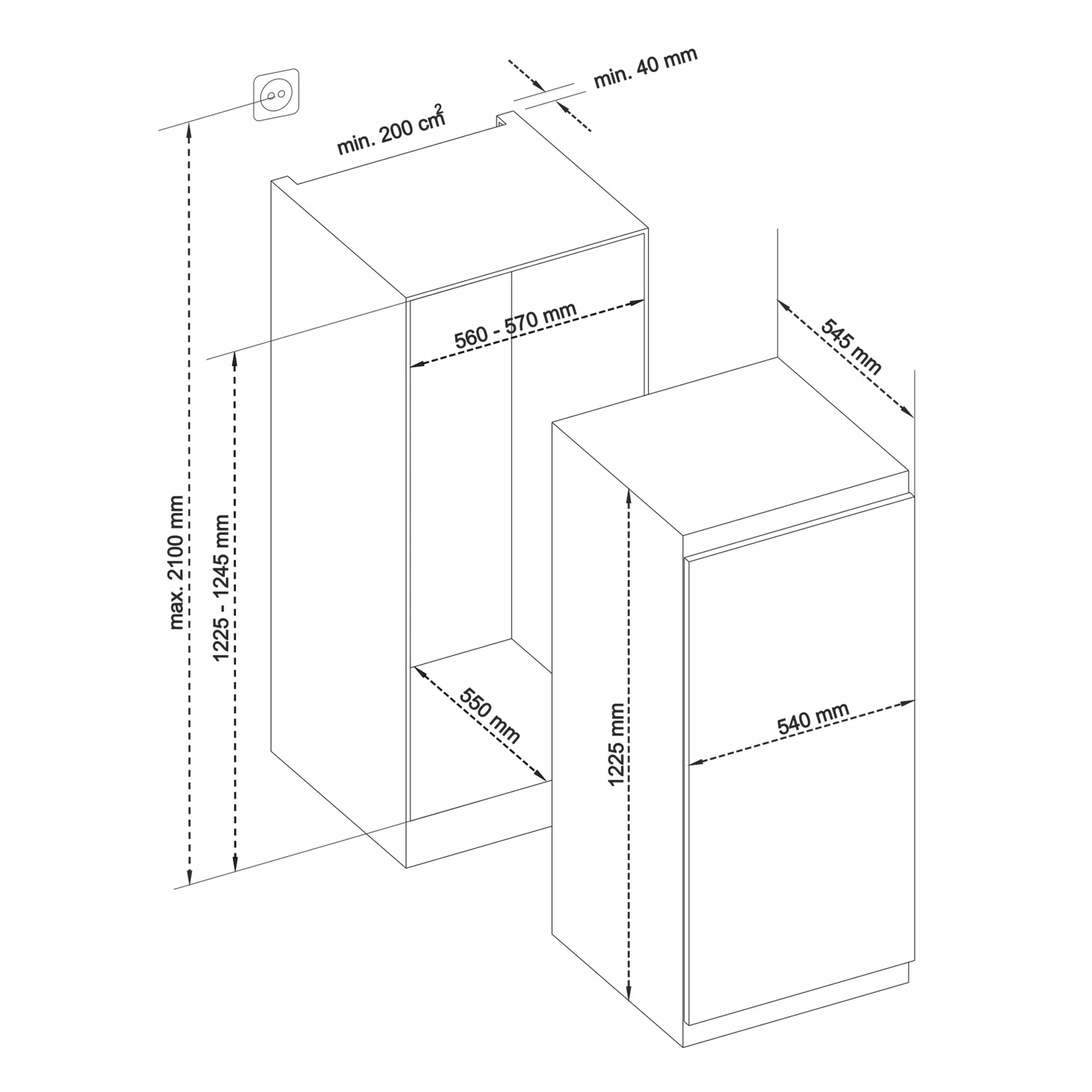 Skizze: Telefunken Einbaukühlschrank EKG123S187E mit Maßen für den Einbau in eine 122cm Nische.