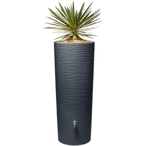 Garantia Regenwasserbehälter Natura 2in1, 350 l, Graphite Grey mit Pflanzschale und Pflanze.