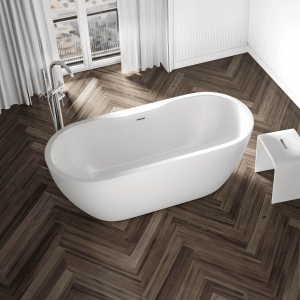 Freistehende, ovale Badewanne ROMA PLUS 2.0 in Weiß Matt (165x75x58 cm) mit Armatur und Hocker.