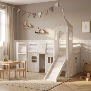 Weißes Homestyle4u Hochbett 90x200 mit Rutsche, Turm und Sternen-Vorhang. Ein Abenteuerbett für Kinder.